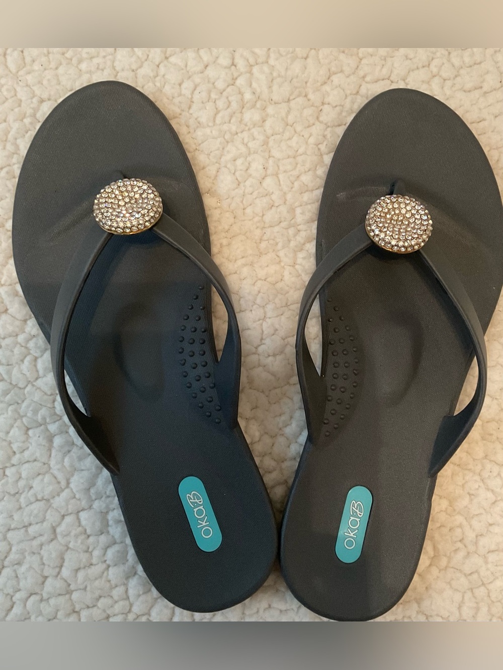 OKA b. Black Rhinestone Disk Flip Flop Sandals